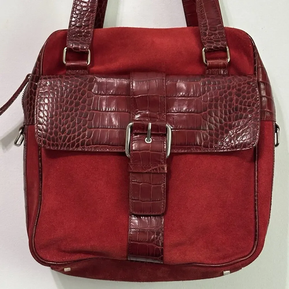 Levenger Suede Leather Shoulder Bag Tote Buckle Red Square Holiday Top Zip Purse